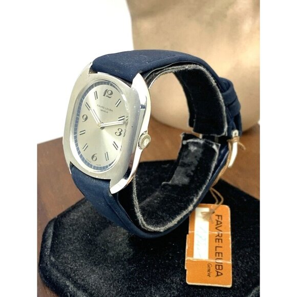 Favre Leuba Unisex Watch Vintage Swiss Mechanical Silver Dial Blue Leather Band - Picture 2 of 13